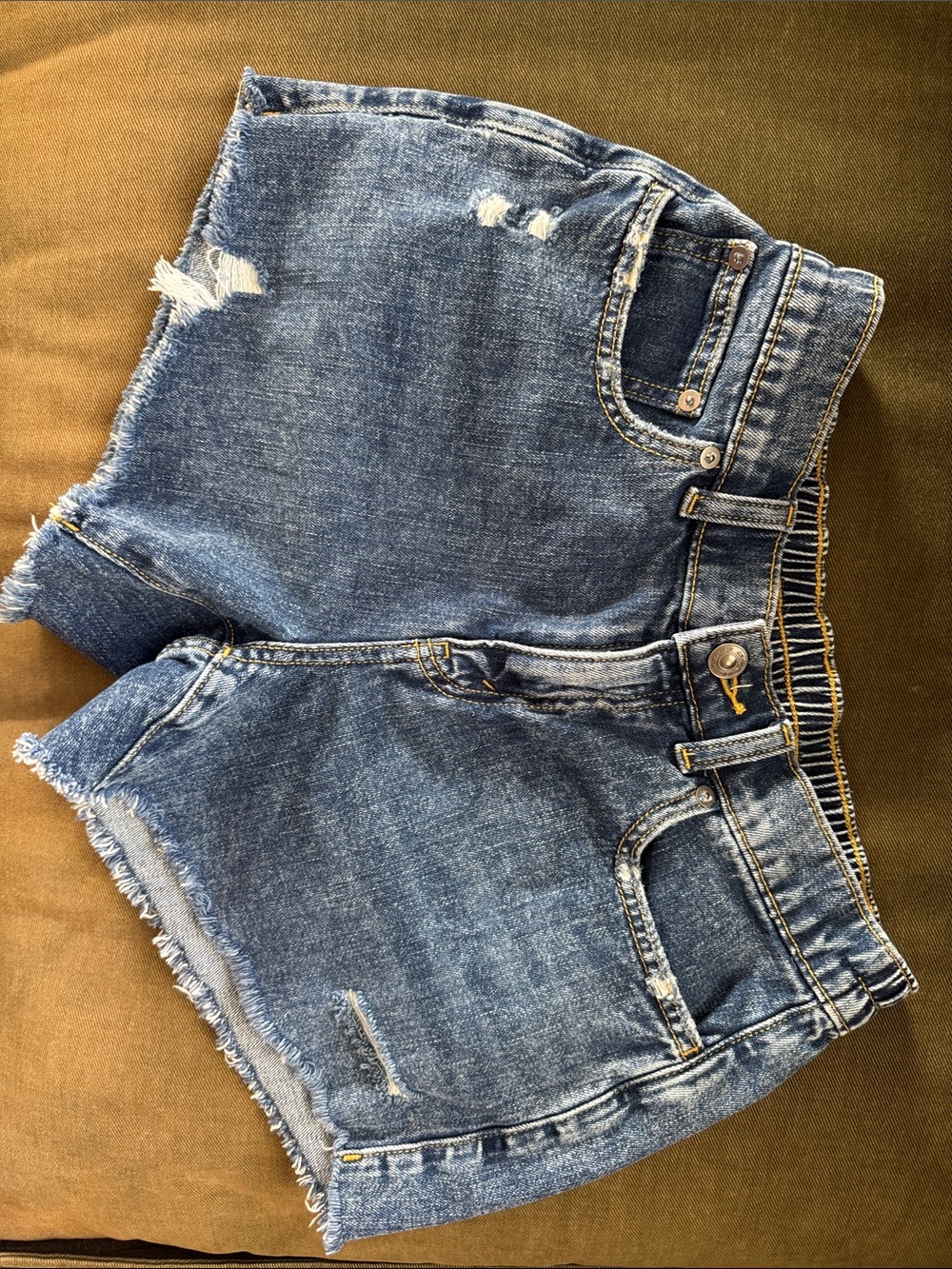 aerie Distressed Blue Denim Frayed-Hem Shorts
